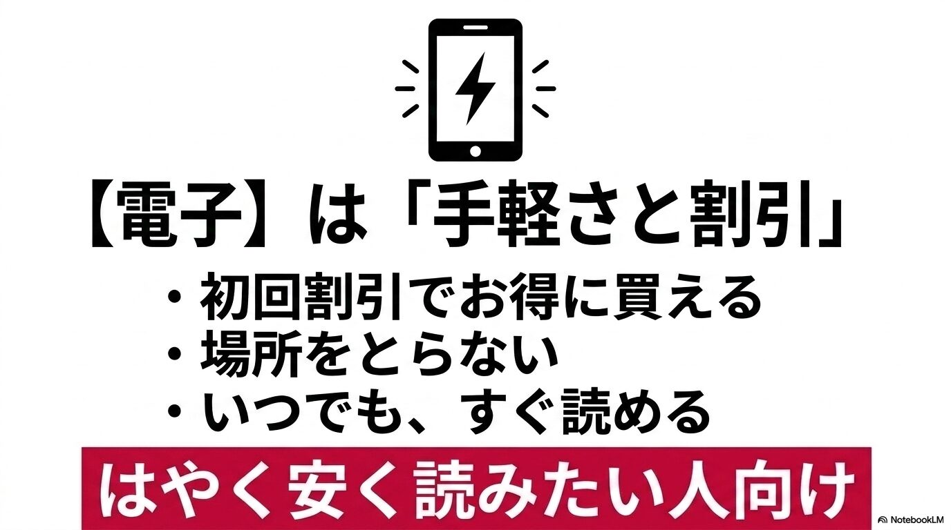 初回割引や購入後すぐ読める手軽さなど『黄泉のツガイ』電子書籍版のメリットをまとめた図