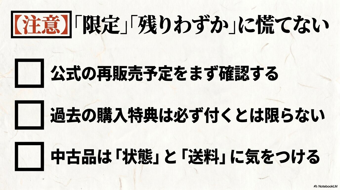 黄泉のツガイ限定グッズを購入する際に再販予定、購入特典、中古品の状態と送料を確認するチェックリスト