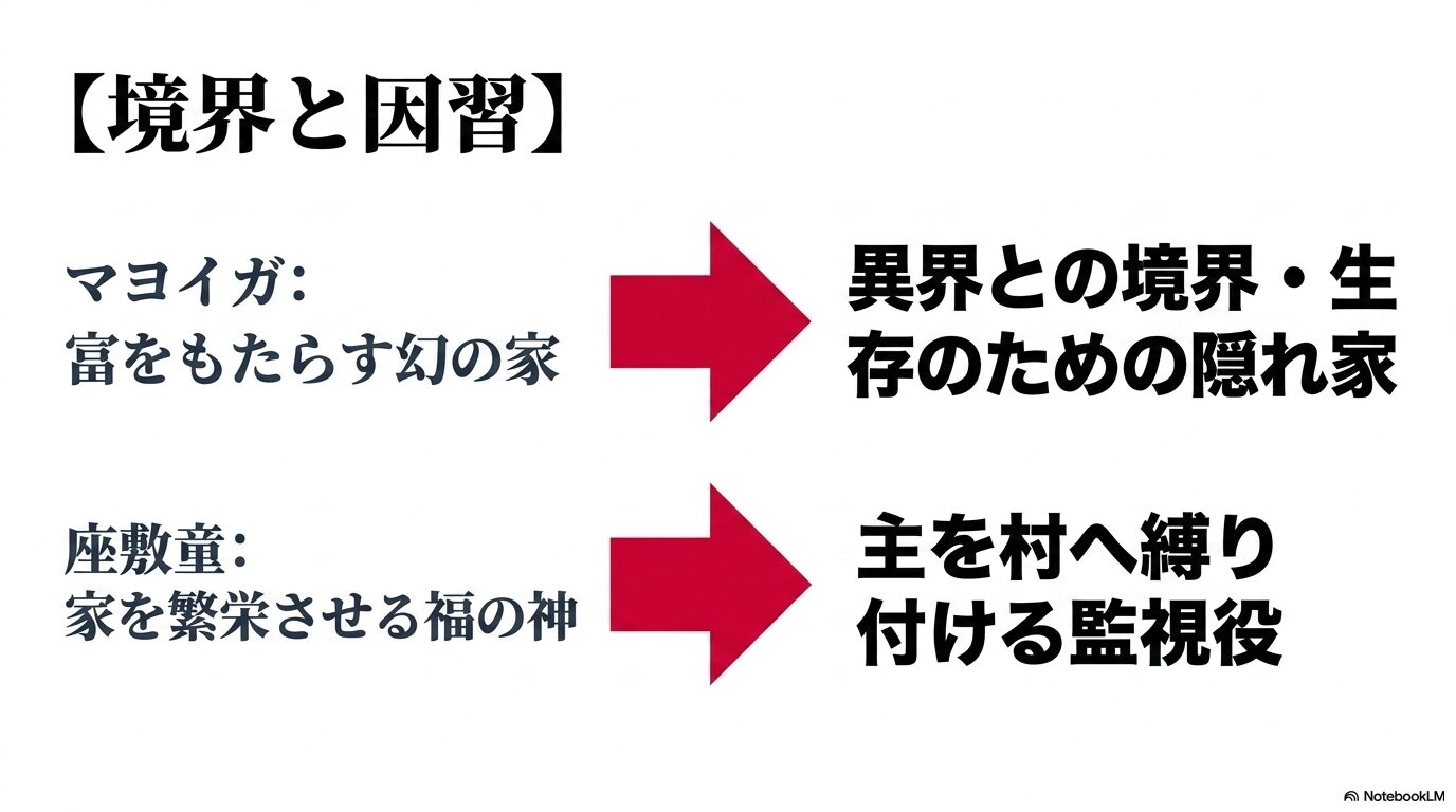 伝承におけるマヨイガと座敷童が、黄泉のツガイにおいてそれぞれ生存のための隠れ家と主を村へ縛り付ける監視役として再構築されていることを示す