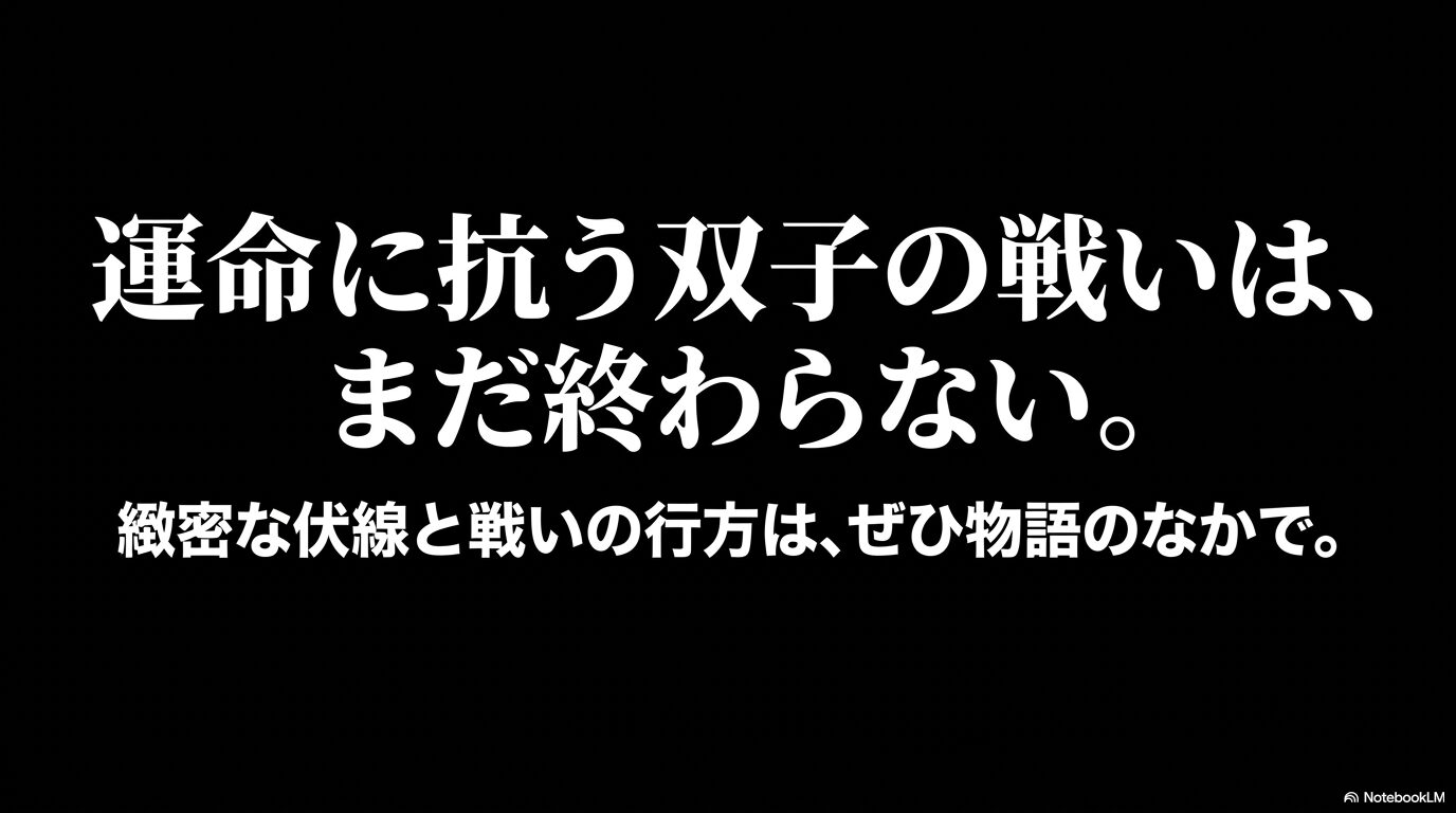 運命に抗う双子の戦いはまだ終わらない。緻密な伏線と戦いの行方は物語の中で、というメッセージ