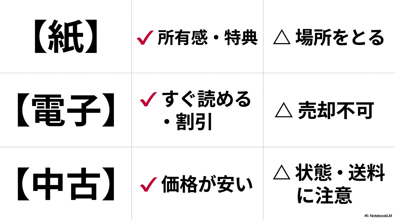 『黄泉のツガイ』の紙書籍・電子書籍・中古本のメリットと注意点を比較した表