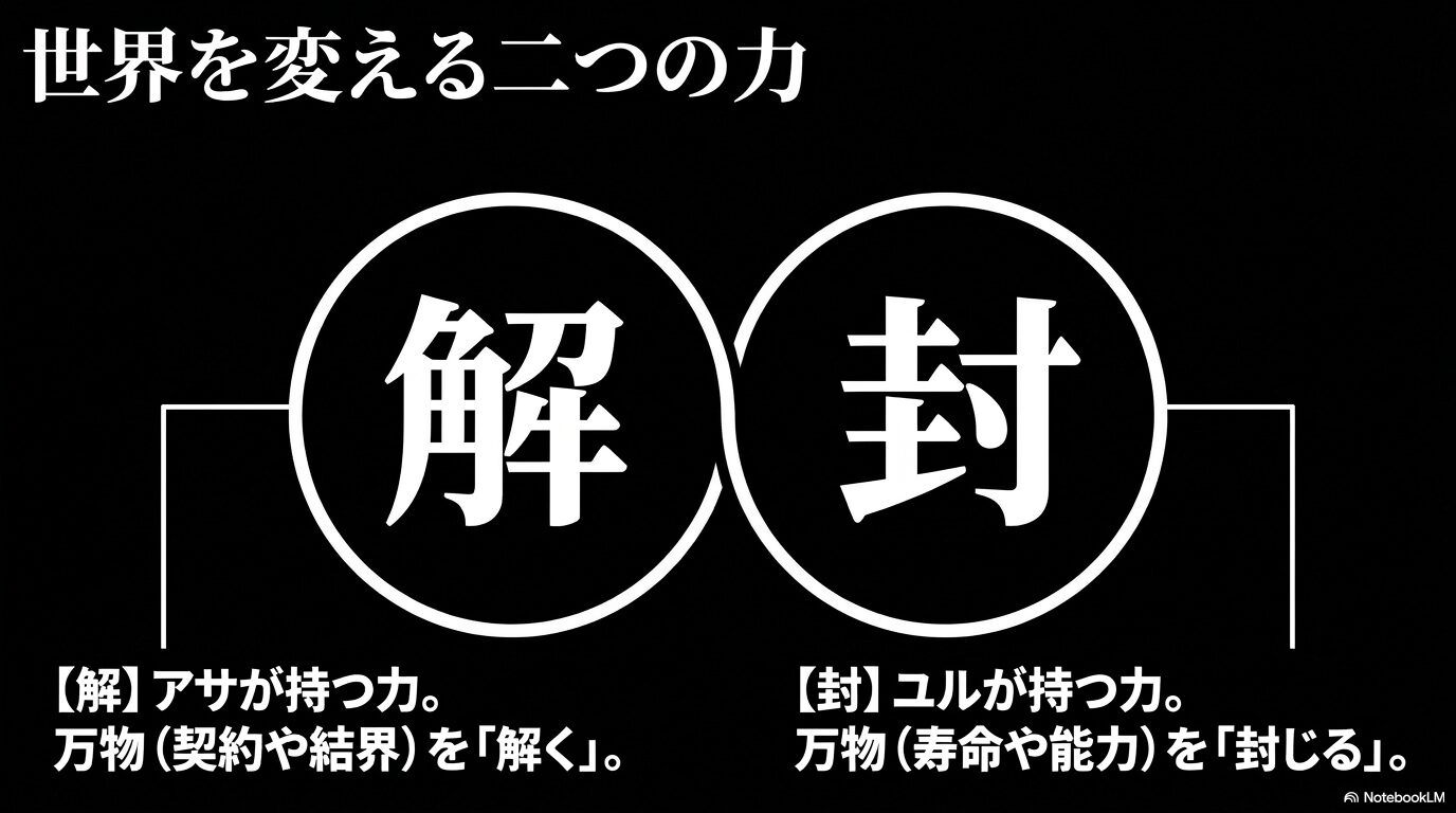 万物を解くアサの力「解」と、万物を封じるユルの力「封」についての解説図