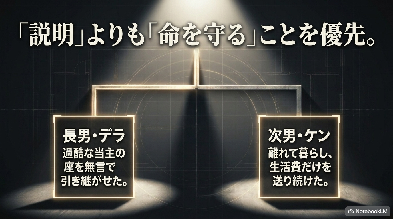 田寺ロウエイが長男デラと次男ケンに対し、説明よりも命を守ることを優先した親子関係を示す図