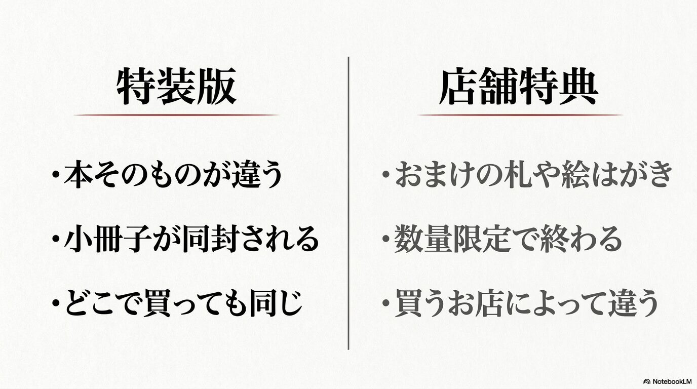 特装版は本自体に小冊子などが同梱され、店舗特典は購入店舗ごとにカードや絵はがきが付くという違いを比較した画像