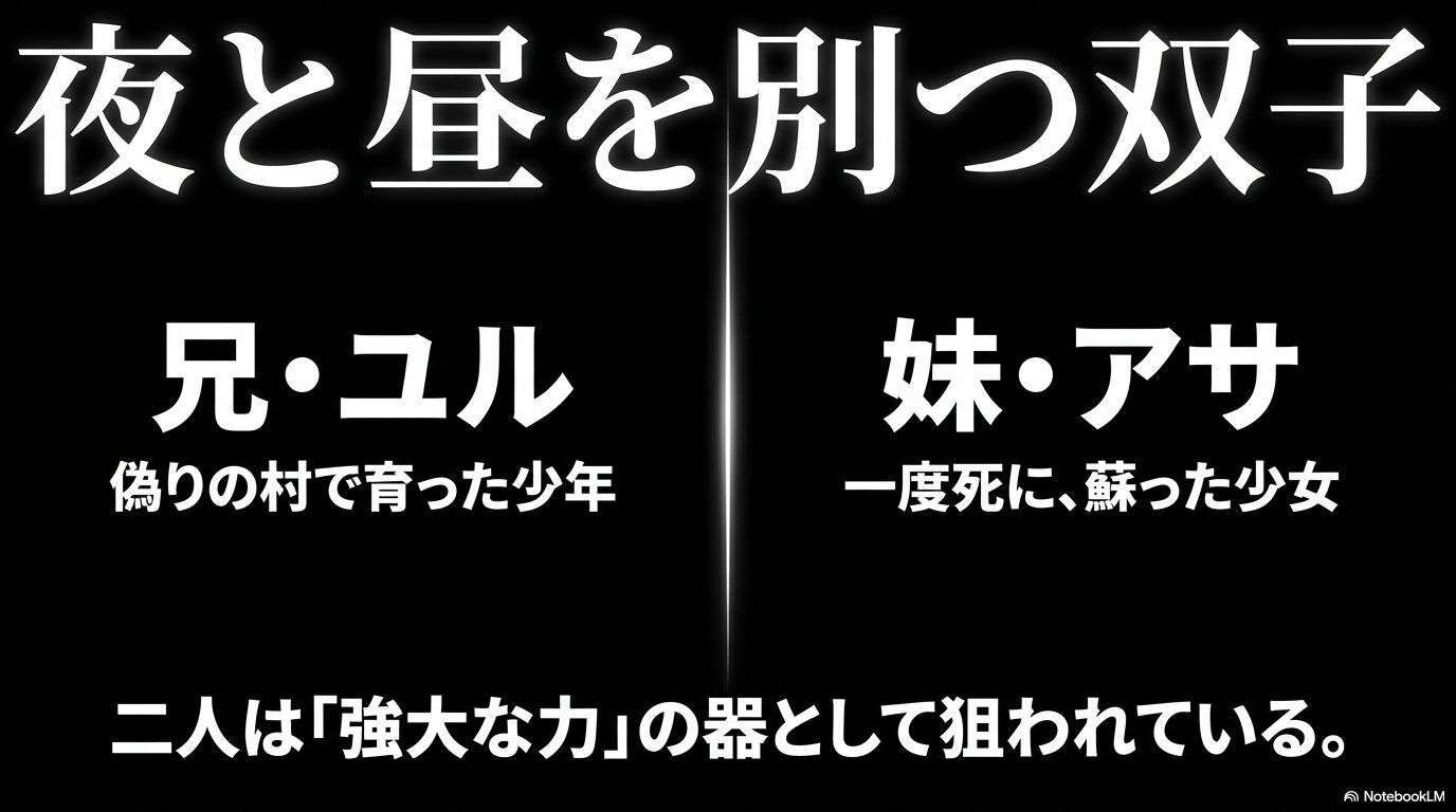 偽りの村で育った兄ユルと、一度死に蘇った妹アサ。夜と昼を別つ双子の紹介