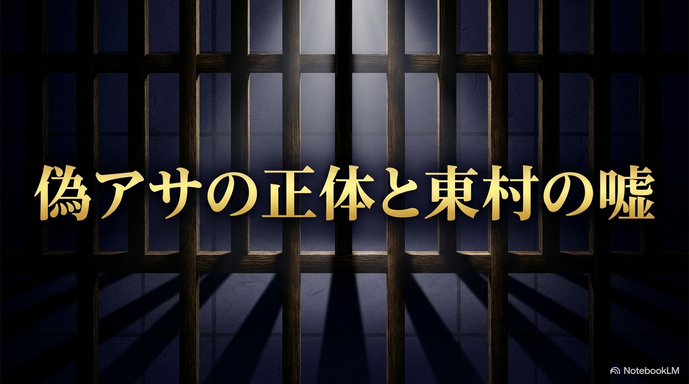 格子戸を背景に「偽アサの正体と東村の嘘」と表示した記事の導入スライド