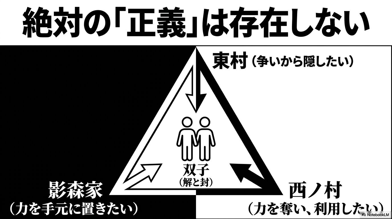黄泉のツガイの各勢力の目的。双子を中心に、争いから隠したい東村、手元に置きたい影森家、奪い利用したい西ノ村の思惑を示す図解