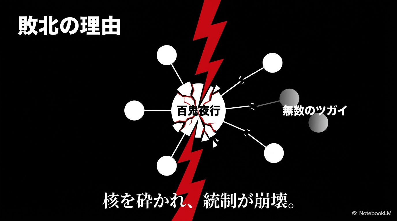 百鬼夜行の核を攻撃され、無数のツガイをまとめていた統制が崩壊する仕組みを示す図