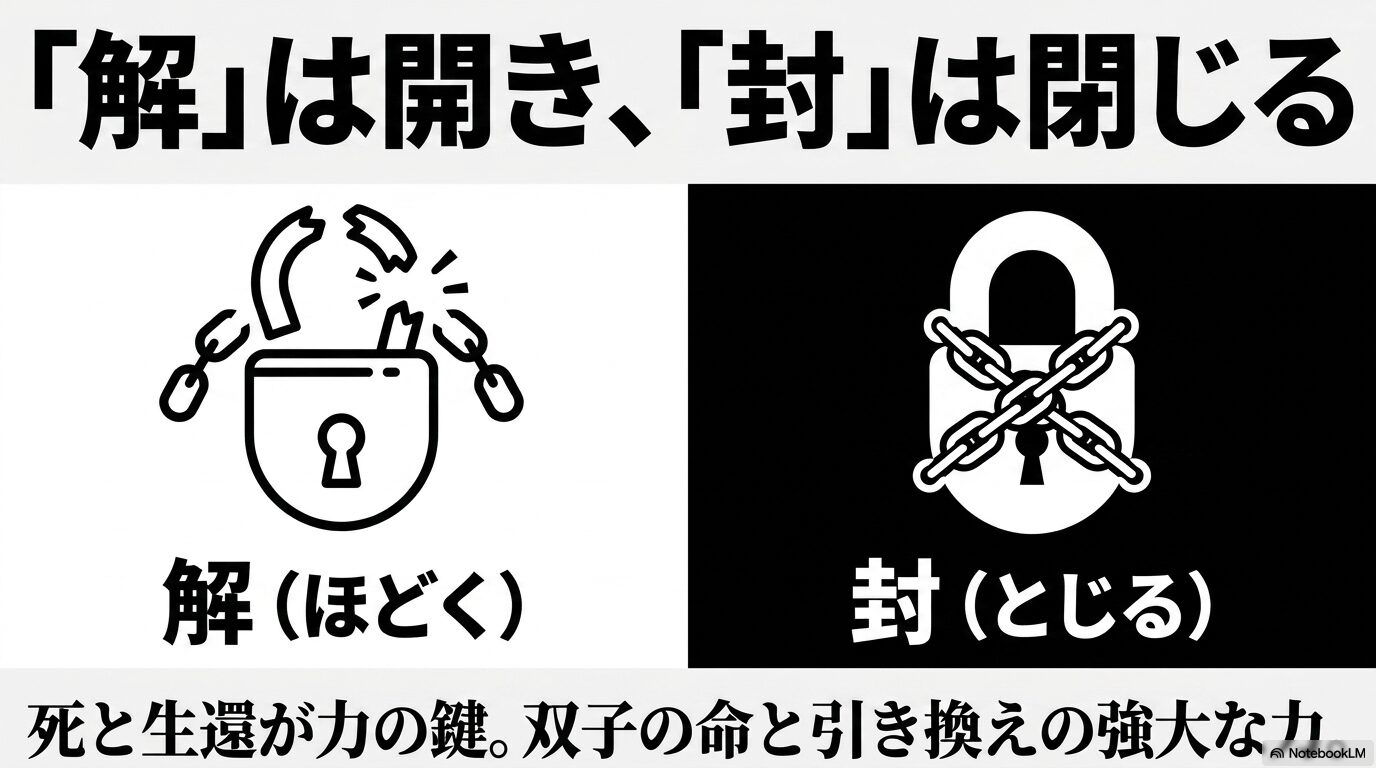 通常のツガイと特別な双子が持つ「解」と「封」の能力の違い。解は開き、封は閉じる性質があることを示す図解
