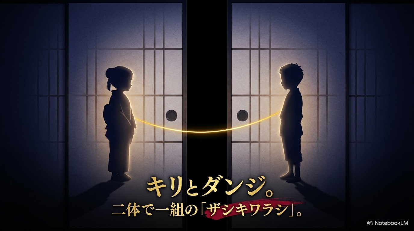 キリとダンジが二体で一組となるザシキワラシのツガイであることを示す図