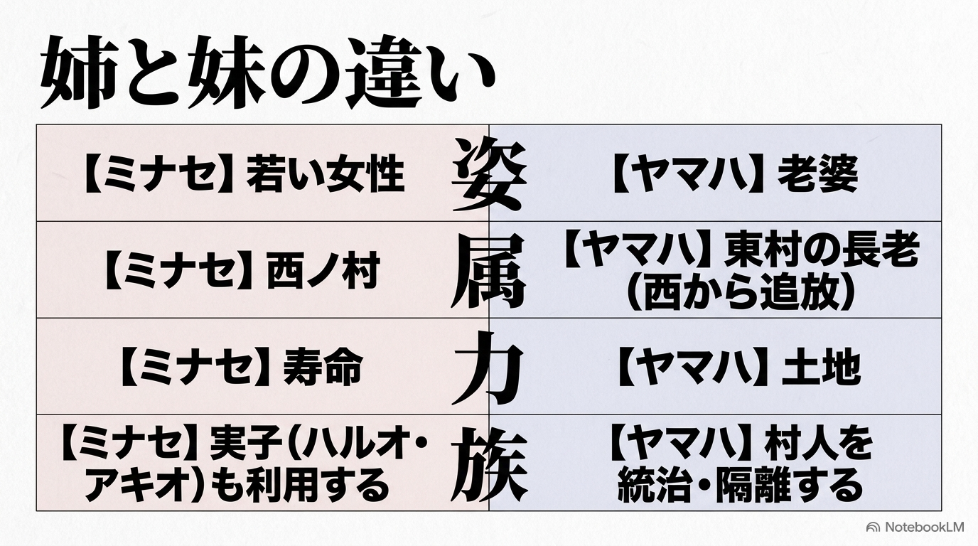 小野ミナセとヤマハの外見、所属、能力、家族への姿勢の違いを比較した表