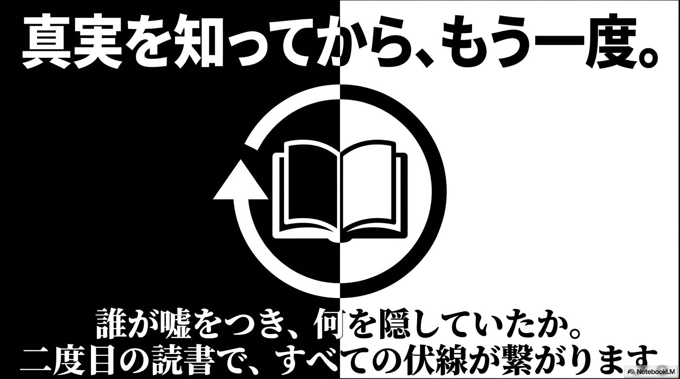真実を知ってからもう一度読むことのすすめ。二度目の読書で誰が嘘をつき何を隠していたかの伏線が繋がることを示すテキスト