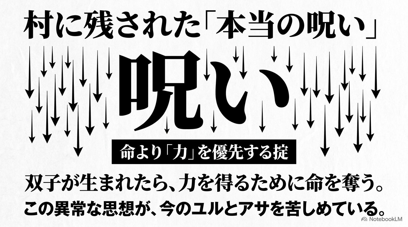 双子の命より封と解の力を優先する思想が東村に受け継がれ、ユルとアサを苦しめていることを示す画像