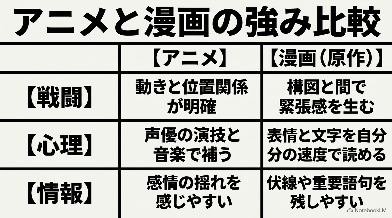 アニメで世界観と人物の動きをつかみ、漫画で伏線と心理を読み直すことで、序盤の光景が違う意味に見えてくる『黄泉のツガイ』の魅力を示す図