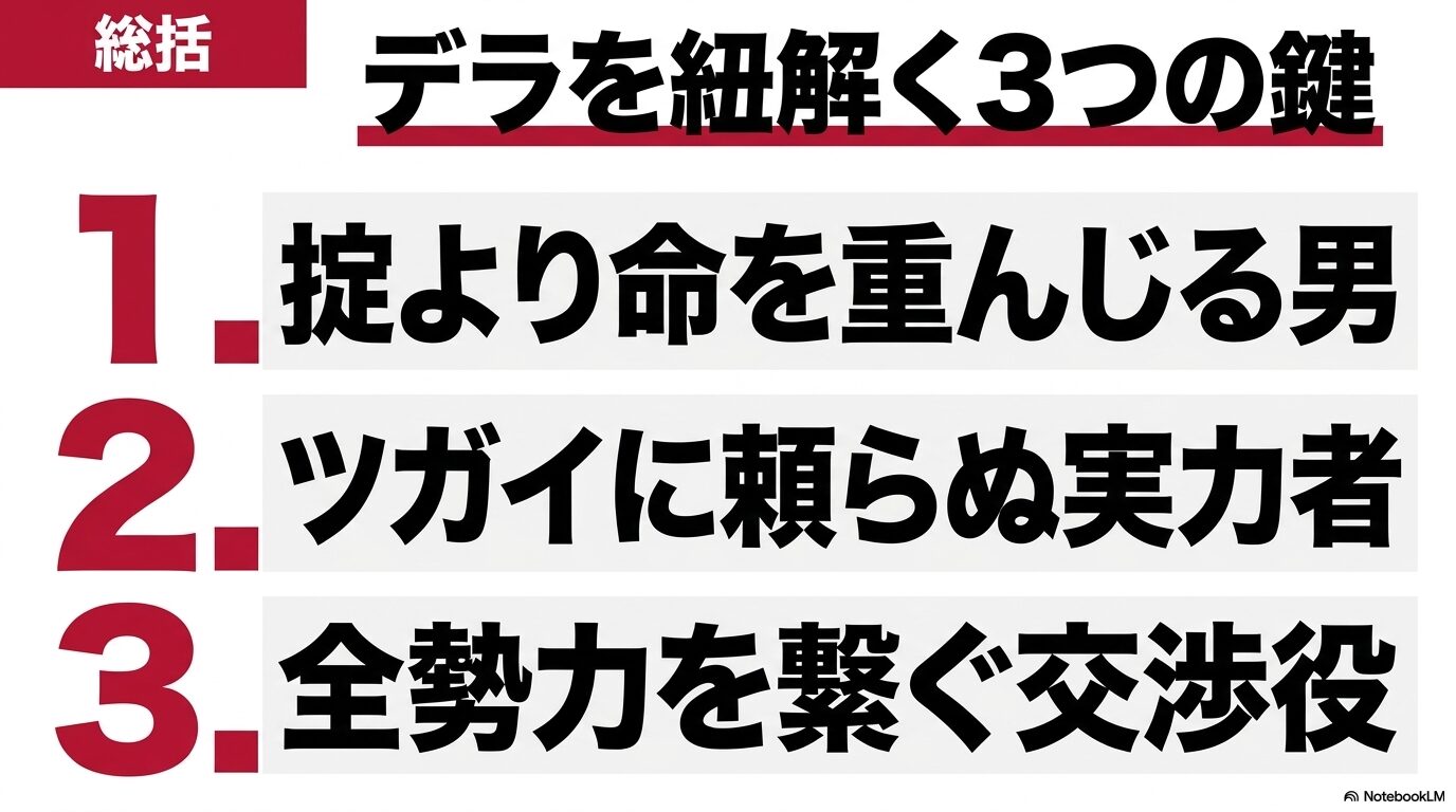 デラを紐解く総括。1.掟より命を重んじる男、2.ツガイに頼らぬ実力者、3.全勢力を繋ぐ交渉役という3つのポイントのまとめ
