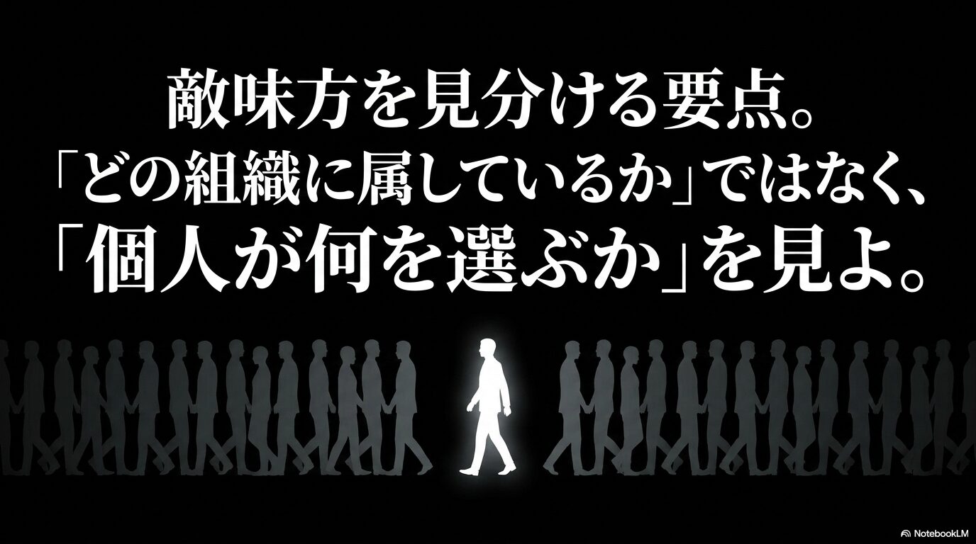 敵味方を見分ける要点。「どの組織に属しているか」ではなく、「個人が何を選ぶか」を見よ。