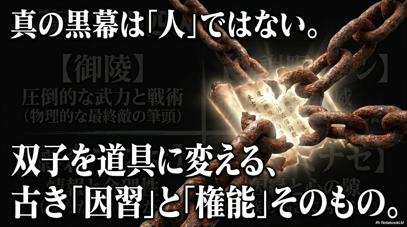 黒幕候補の四人。御陵：圧倒的な武力と戦術。与謝野イワン：暗殺の脅威。影森アスマ：情報と合理性。小野ミナセ：因縁と心の隙。