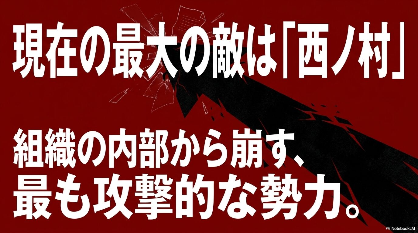 三大勢力の目的。西ノ村：奪取と復讐。影森家：合理と防衛。東村：保護と支配。