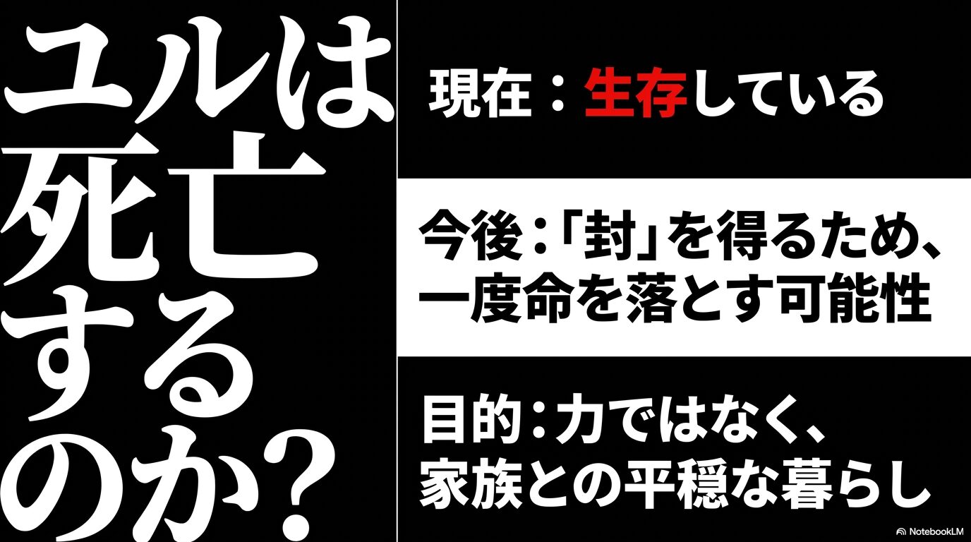 ユルは現在生存しているが、今後は封の力を得るために一度命を落とす可能性があることを解説する画像