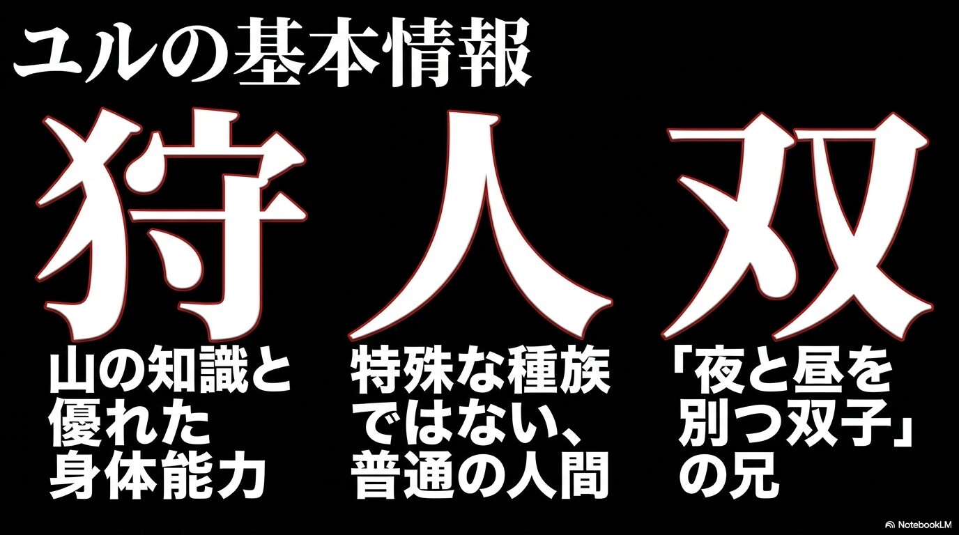 ユルが特殊な種族ではなく普通の人間であり、夜と昼を別つ双子の兄であることを示す基本情報