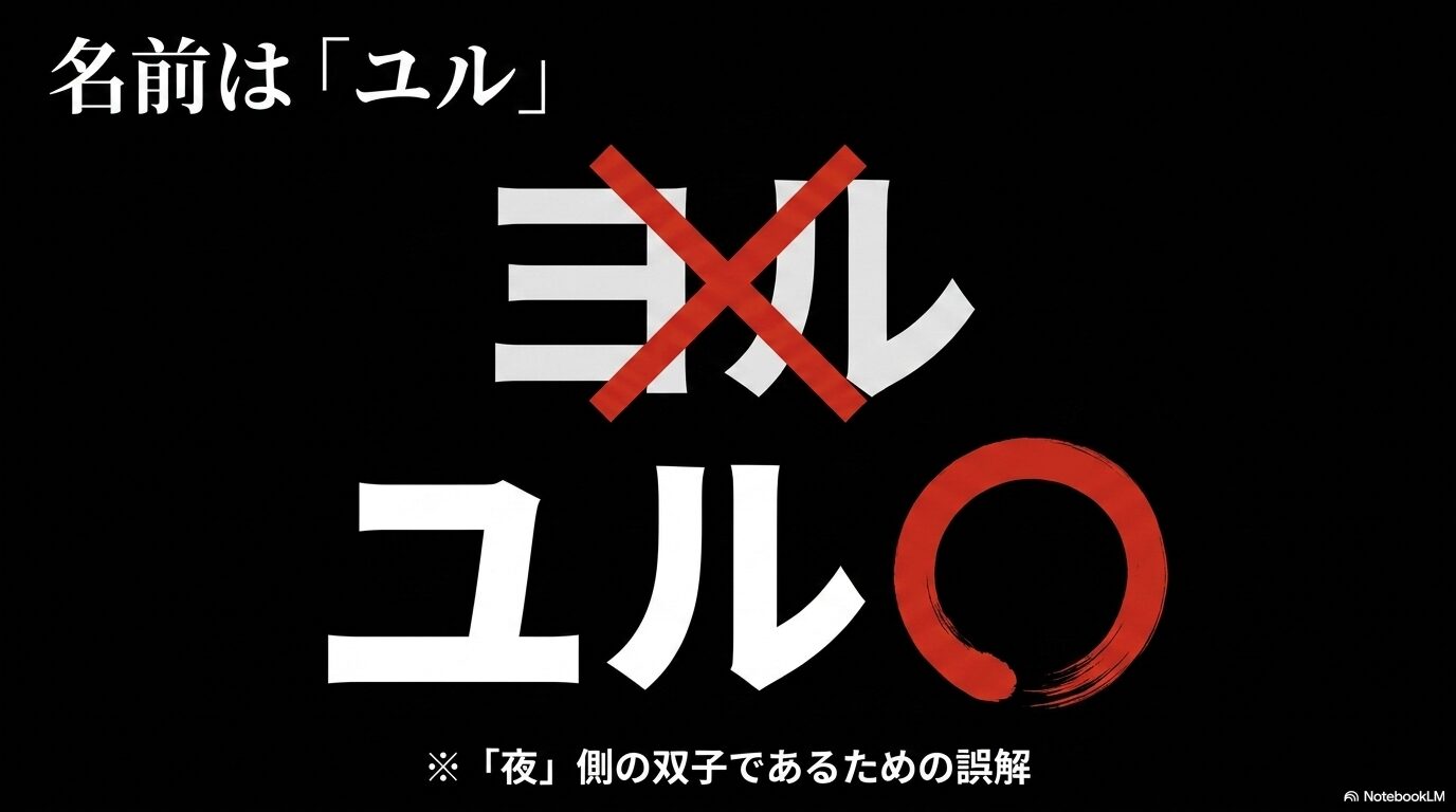 人公の名前が「ユル」であり、「ヨル」は夜側の双子という設定から生まれた誤解であることを説明