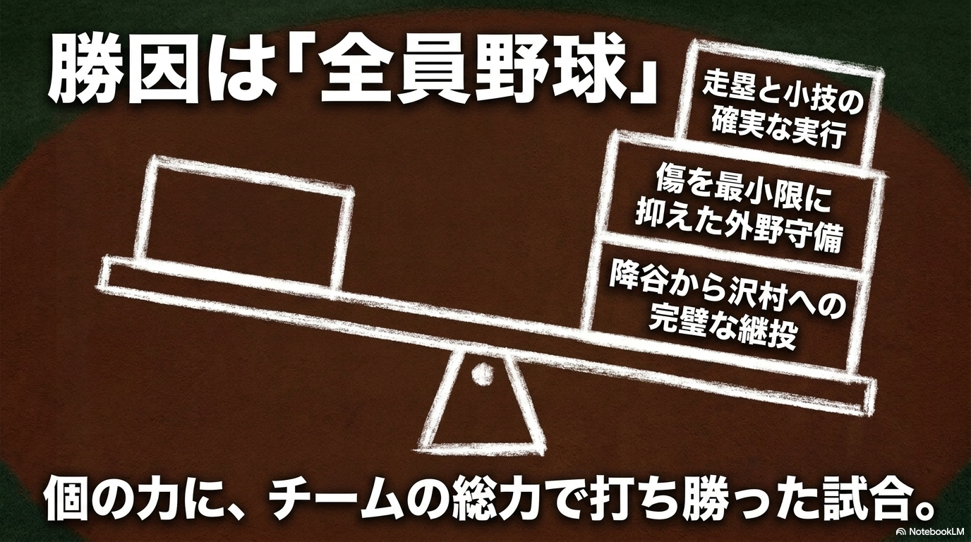 青道が走塁と小技、外野守備、降谷から沢村への継投を組み合わせチーム全体の力で稲実に勝利したことを示す図