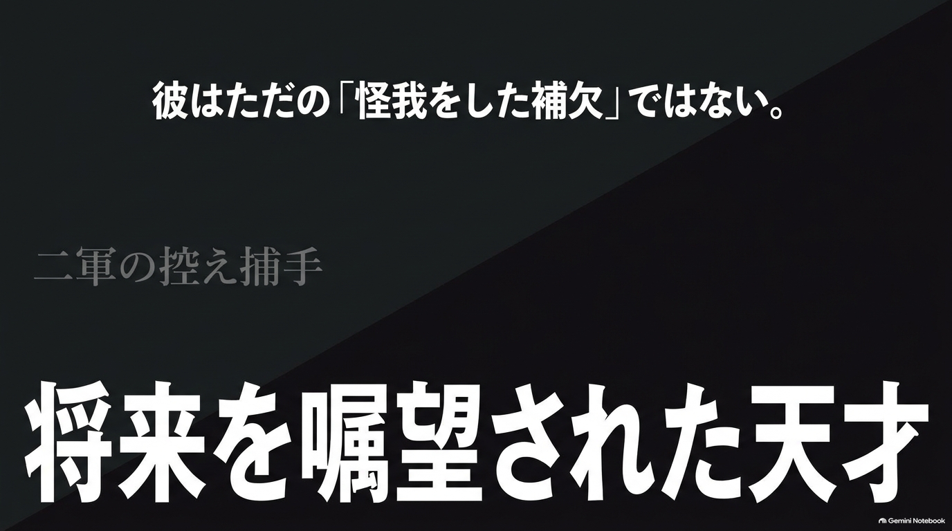 滝川クリス優が単なる怪我をした控え捕手ではなく、将来を嘱望された天才捕手だったことを示すスライド