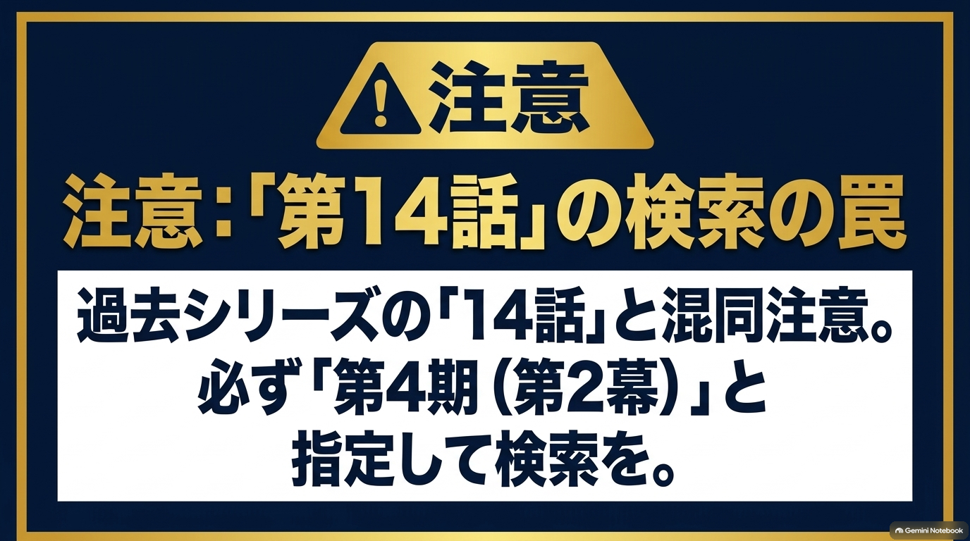 ダイヤのA第14話は過去シリーズにも存在するためアニメ4期第2クールと指定して検索する必要があることを示す注意図