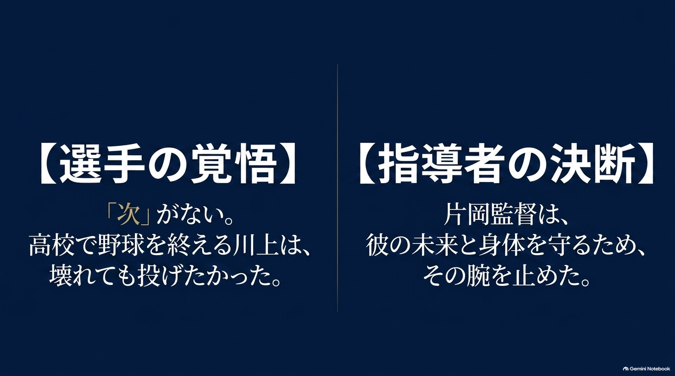 高校で野球を終える川上の投げたい覚悟と、選手の未来と身体を守るため登板を止めた片岡監督の決断