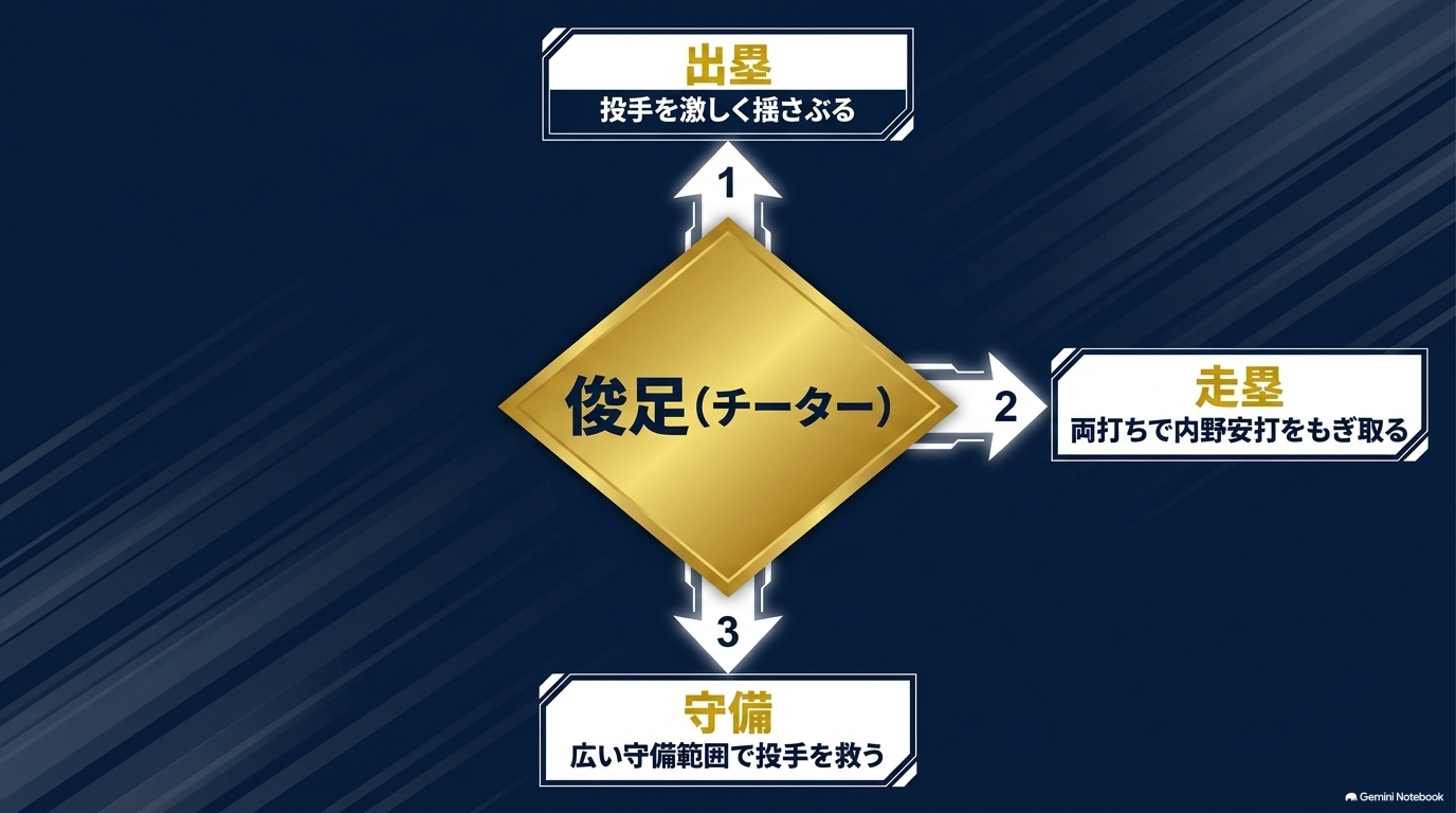 倉持洋一の俊足が出塁・走塁・遊撃守備で生かされることを示す図