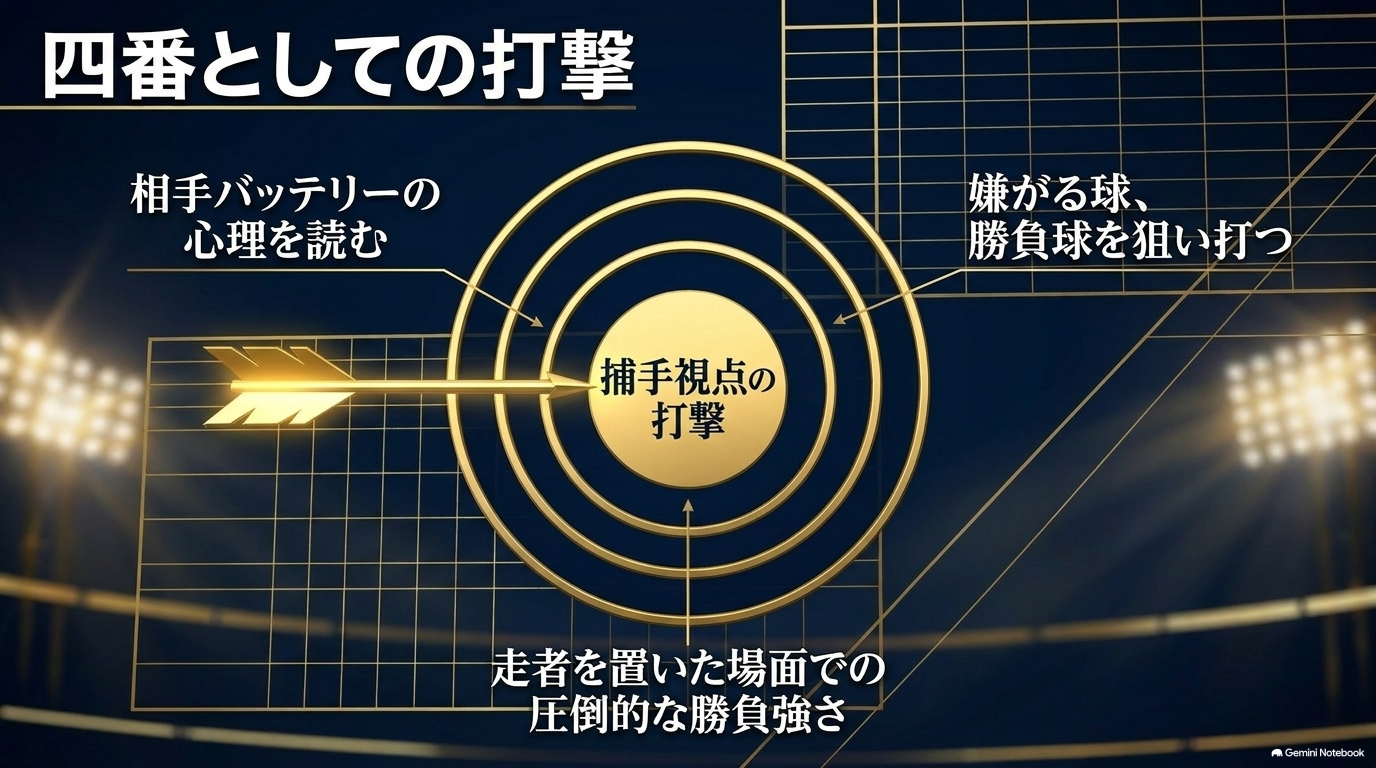 相手バッテリーの心理や勝負球を読み4番として結果を出す御幸一也の打撃を解説したスライド