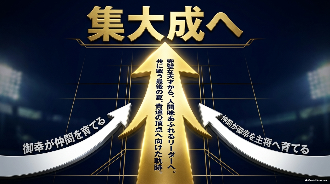 御幸一也が沢村たちを育てる一方で仲間からも主将として育てられ最後の夏へ向かう成長を示したスライド
