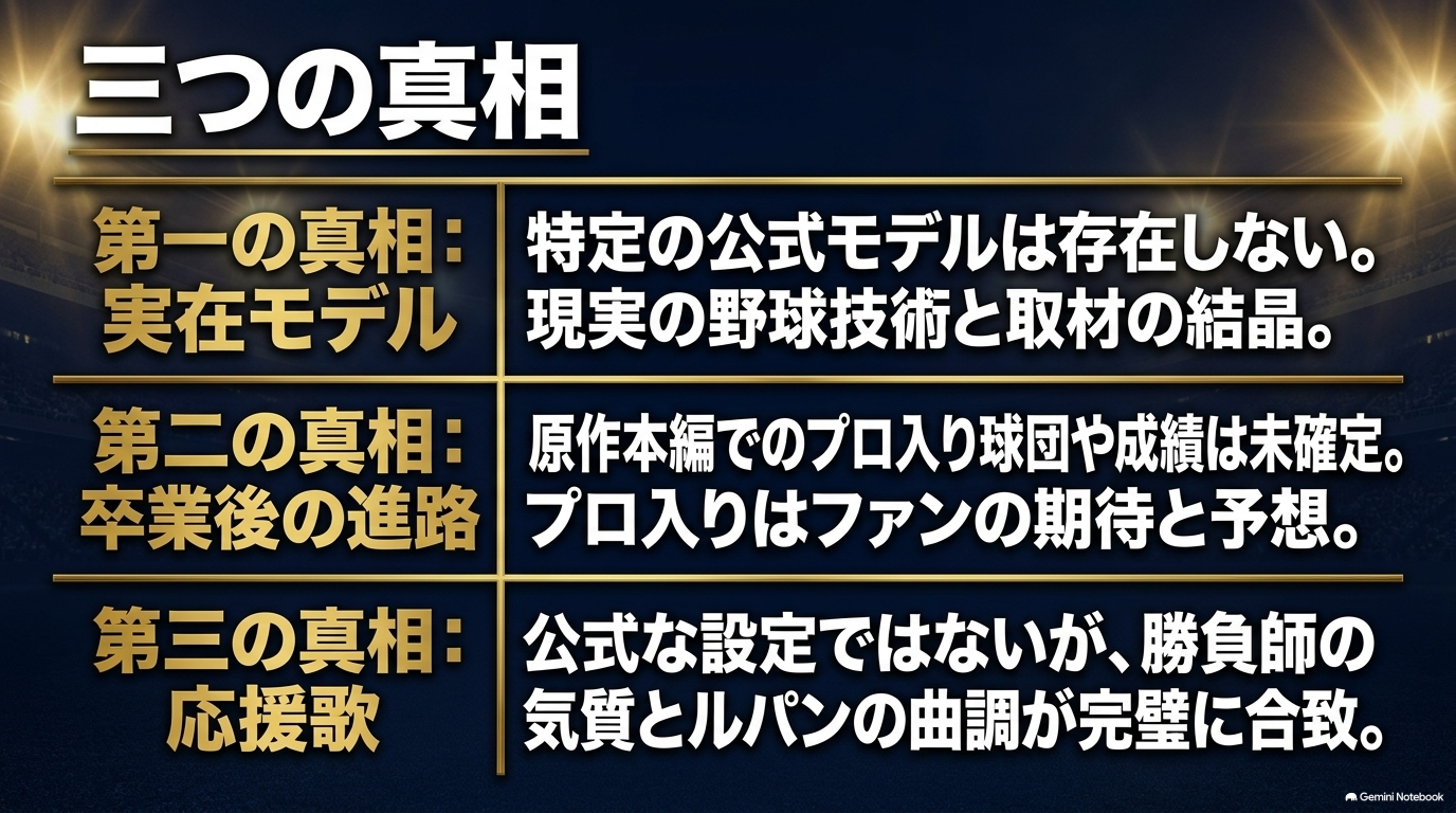 御幸一也の実在モデル説、卒業後の進路、ルパン応援歌について事実と考察を整理したスライド