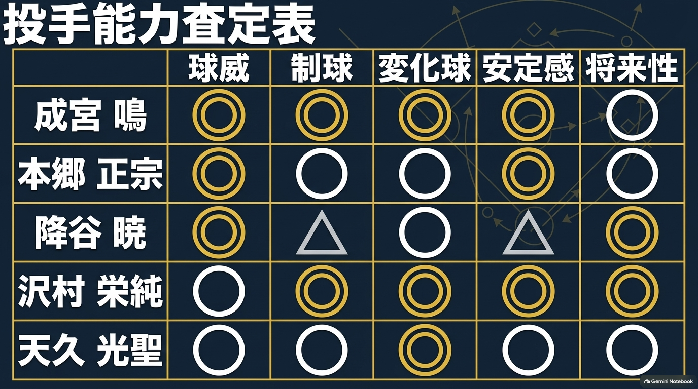 成宮鳴・本郷正宗・降谷暁・沢村栄純・天久光聖を球威・制球・変化球・安定感・将来性で比較