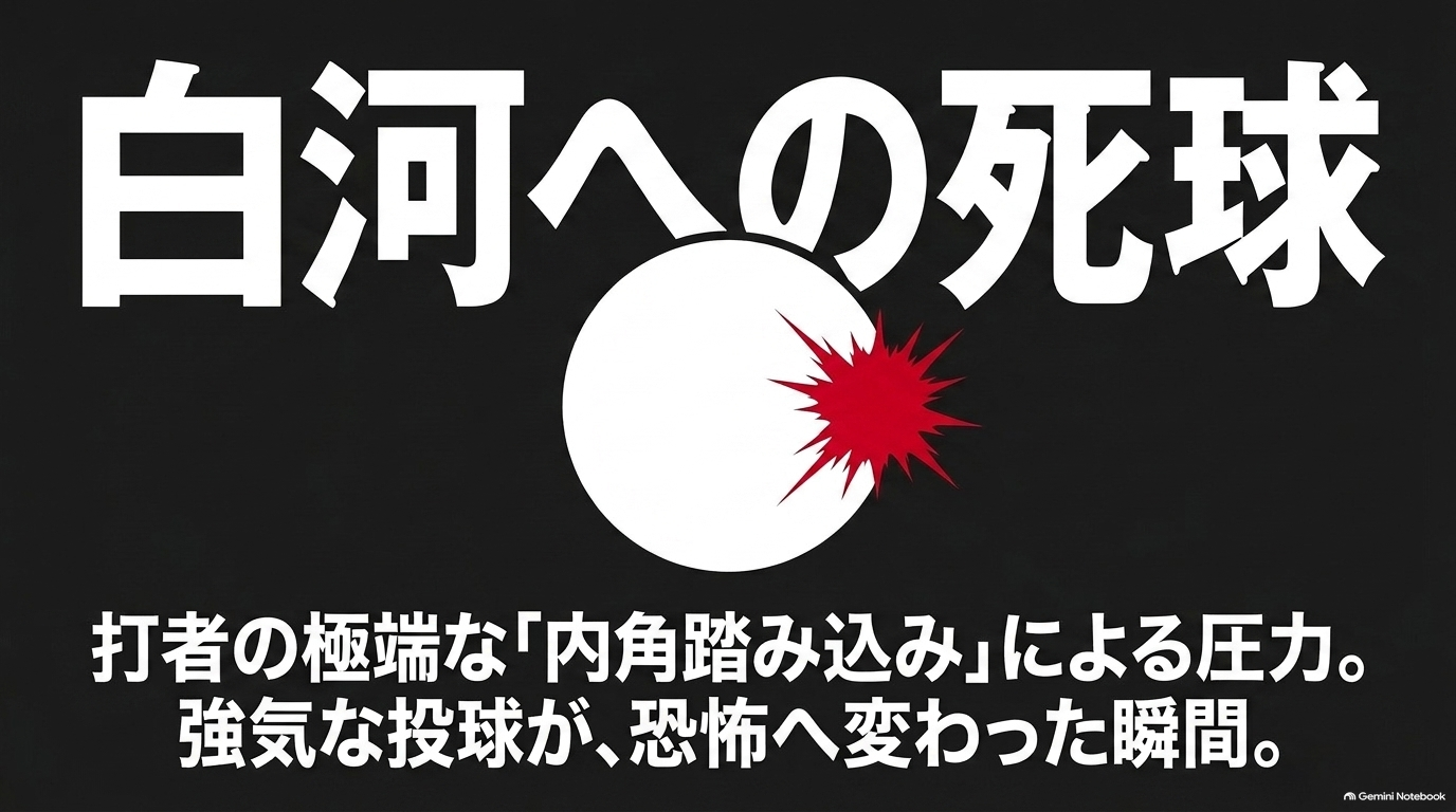 稲実打線の内角への踏み込みによるプレッシャーから沢村栄純が白河へデッドボールを与えた場面の解説図