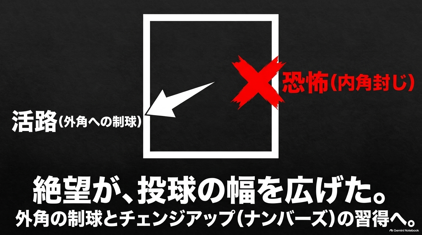 イップスで内角に投げられなくなった沢村が外角制球やチェンジアップを習得し投球の幅を広げた成長図