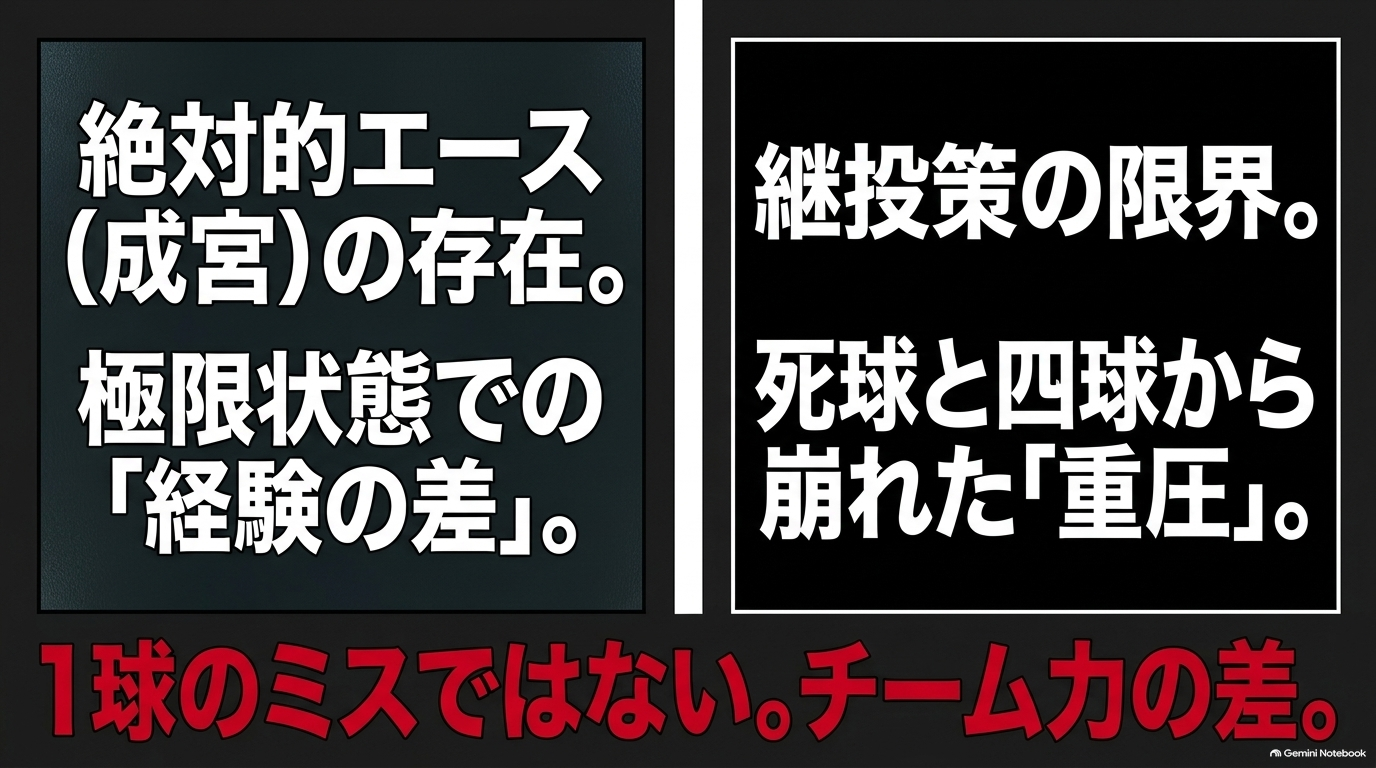 成宮鳴という絶対的エースを擁する稲実と継投で戦った青道の違いから1年夏決勝の敗因を比較した図
