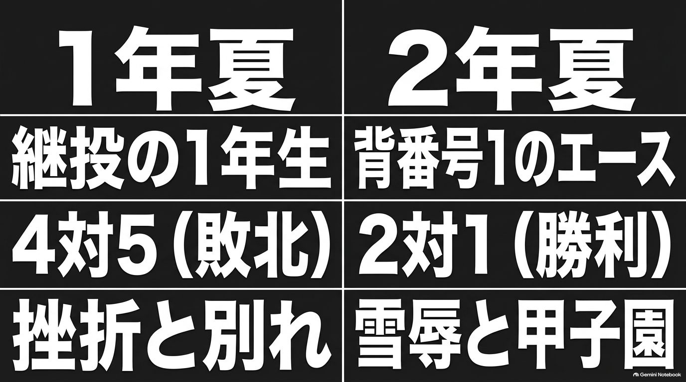 沢村1年夏の青道4対5稲実の敗北と2年夏act2の青道2対1稲実の勝利を比較したスライド