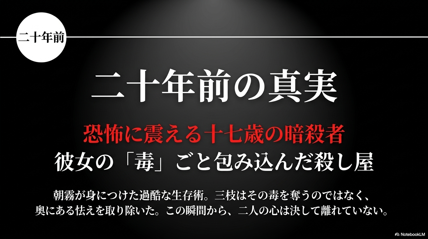 17歳の朝霧が毒をまとった暗殺者として三枝を狙い、三枝が朝霧の恐怖を取り除いた過去を示す図