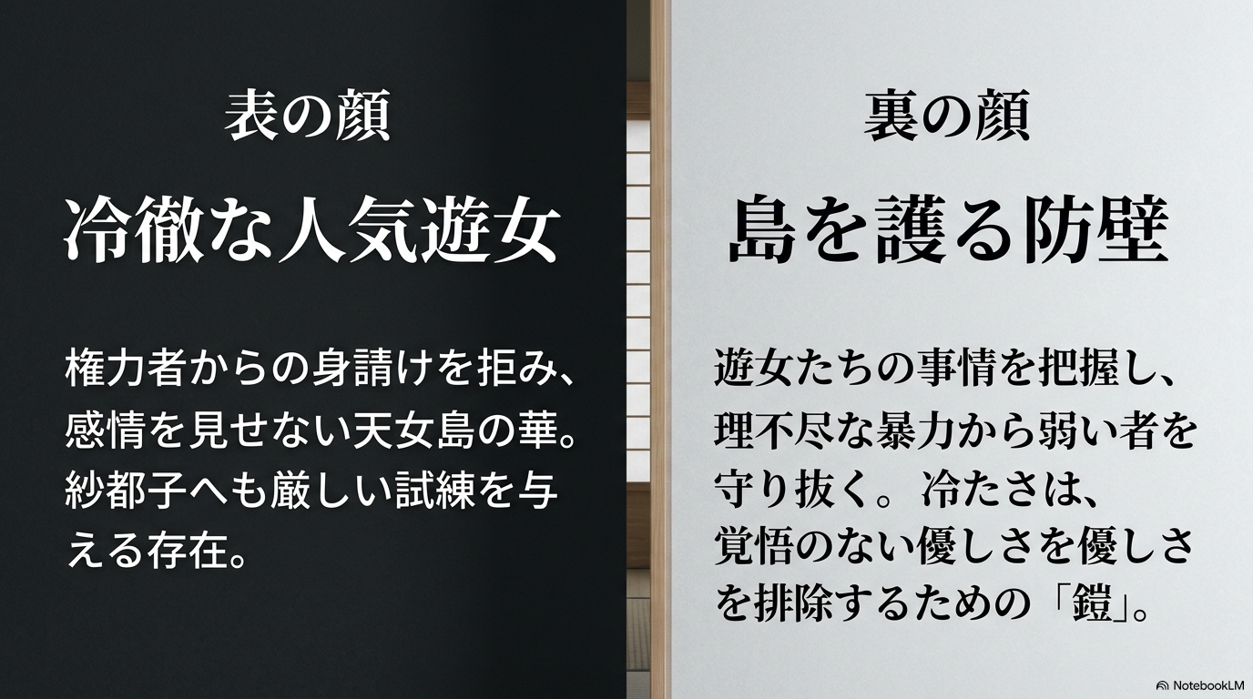 朝霧の表の顔である冷徹な人気遊女と、裏の顔である天女島の遊女を守る存在を比較した図