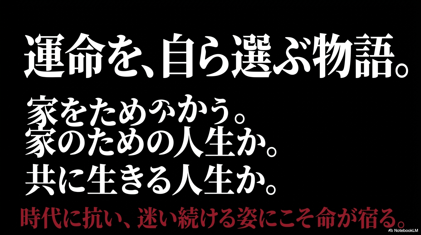家のために生きるか、愛する人と共に生きるかを迷いながら、自らの運命を選ぶ物語のテーマをまとめた図
