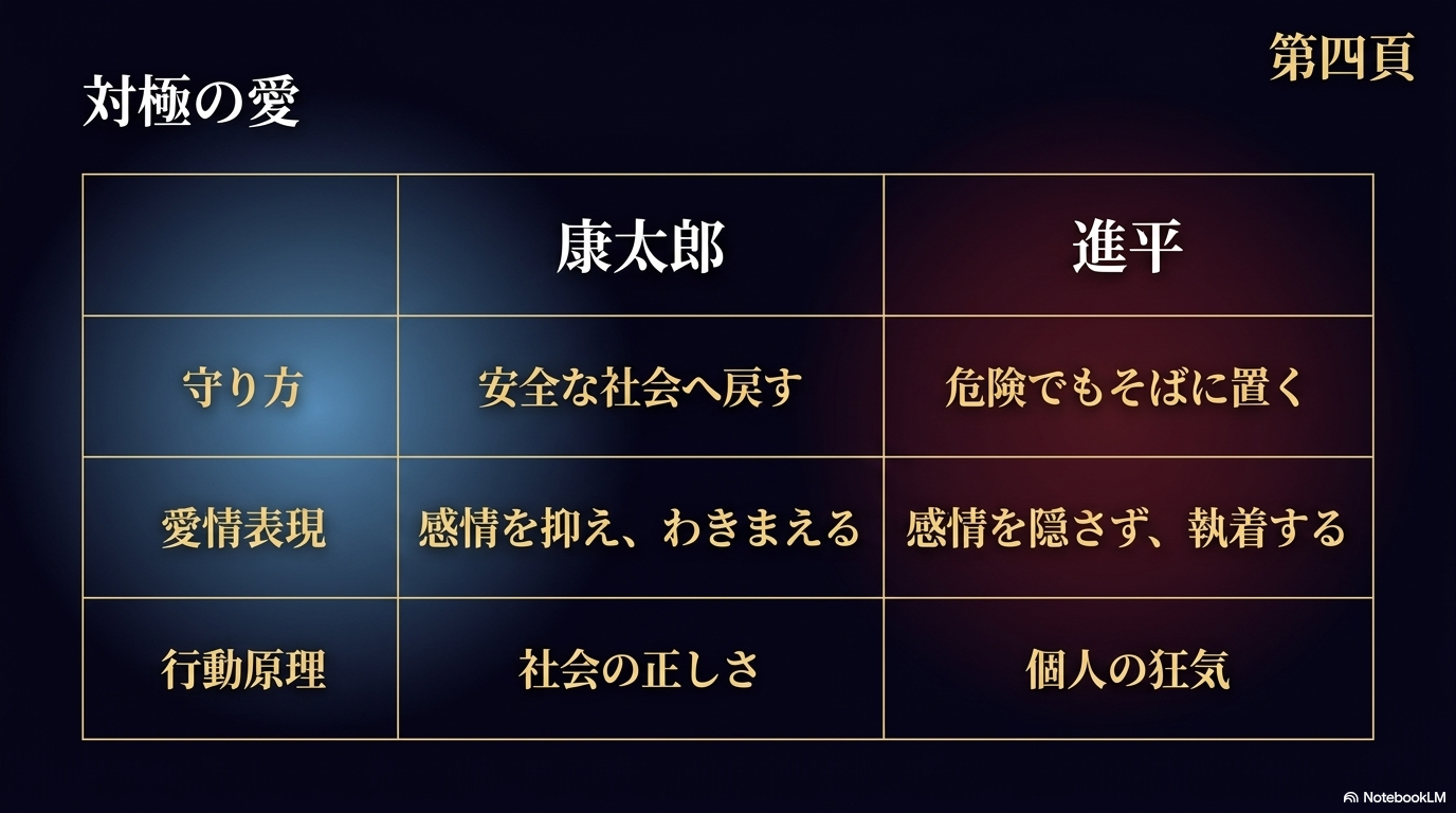 小川康太郎と後藤進平の守り方、愛情表現、行動原理を比較した表