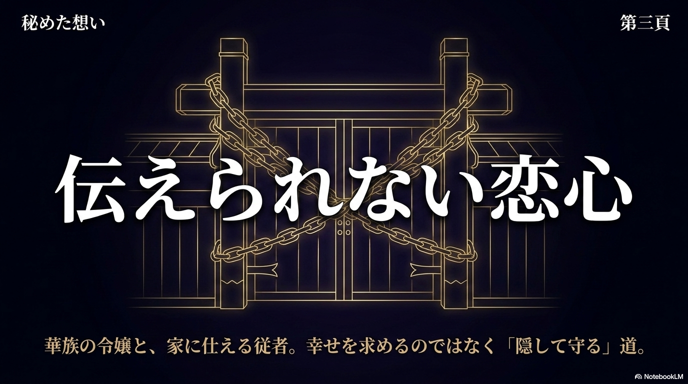 華族令嬢の紗都子への恋心を伝えられず、従者として気持ちを隠して守る康太郎を表した図