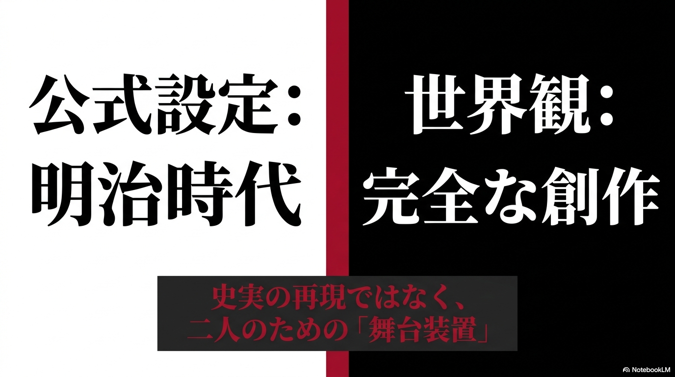 公式設定は明治時代だが、世界観は史実の再現ではなく創作であることを比較した図