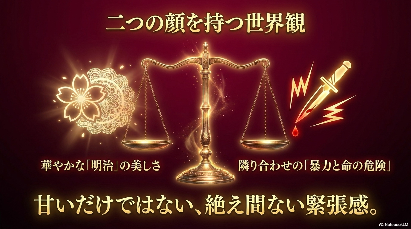 華やかな明治の美しさと殺し屋による暴力や命の危険が天秤の両側に描かれた『ホタルの嫁入り』の世界観