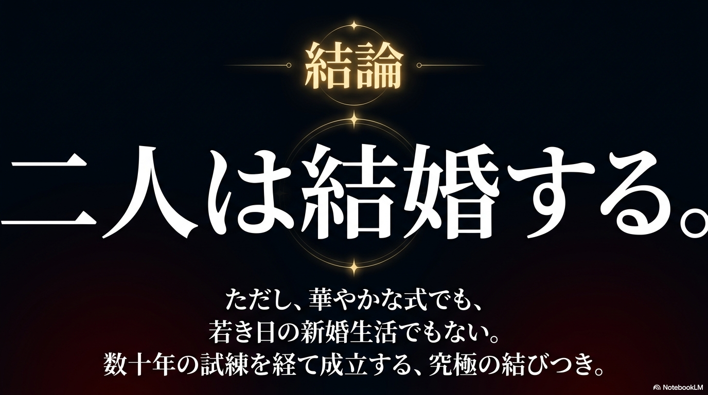進平と紗都子は数十年の試練を経て二人なりの結婚にたどり着くという結論