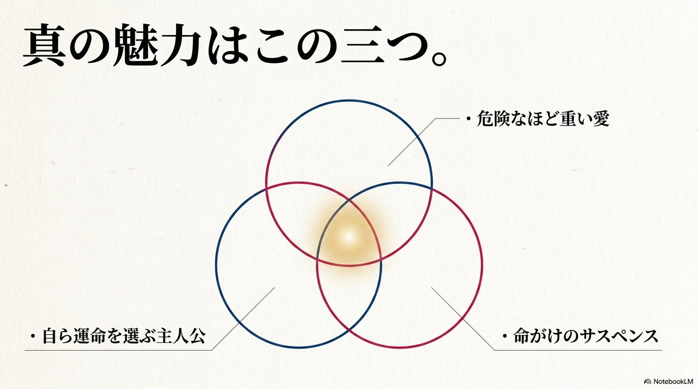 危険なほど重い愛、自ら運命を選ぶ主人公、命がけのサスペンスという3つの魅力を示したベン図