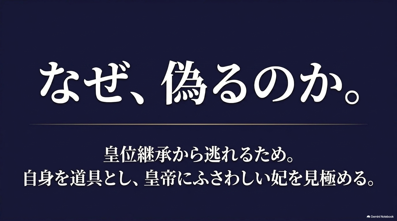 壬氏が皇位継承から逃れ、自分自身を道具として皇帝にふさわしい妃を見極めるため宦官を演じている理由を示した画像