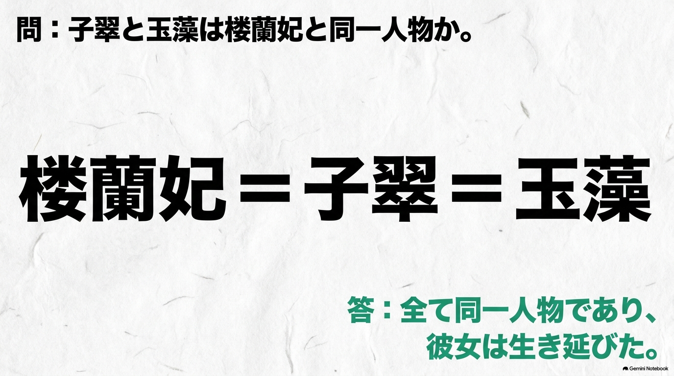 楼蘭妃と子翠と玉藻がすべて同一人物であることを示した図