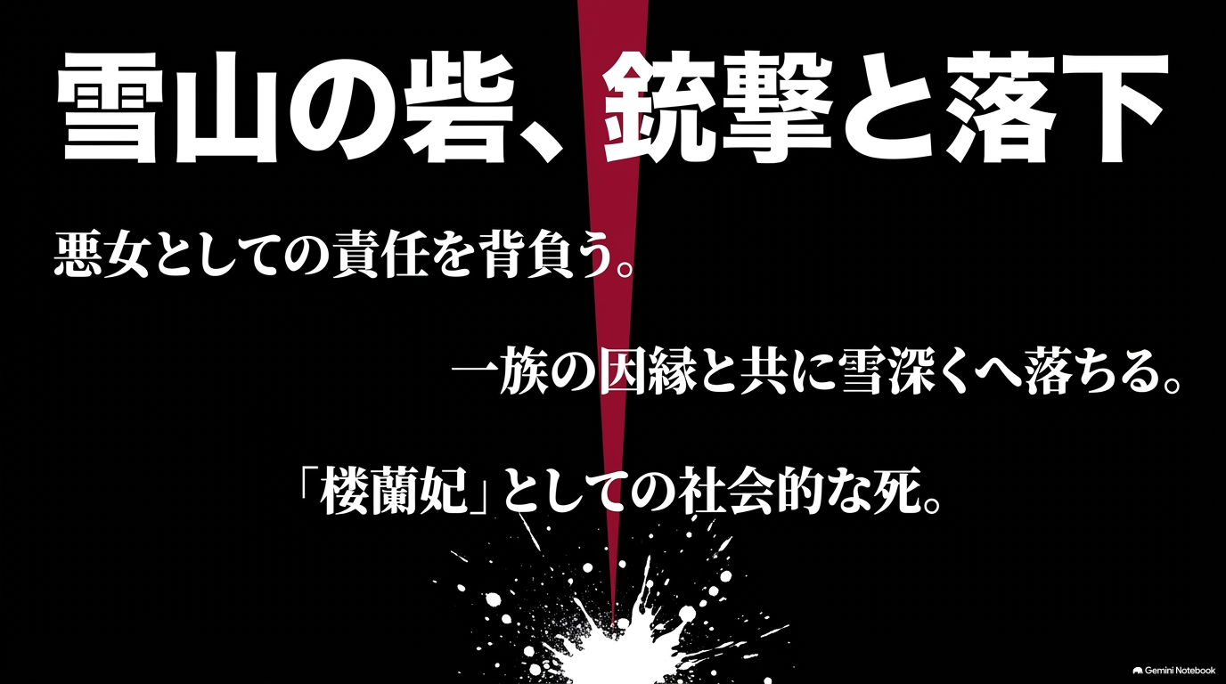 楼蘭が砦で銃撃を受け雪山へ落下し、楼蘭妃として社会的に死亡したことを示す図